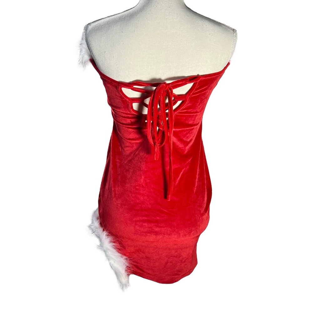 NWT ZAFUL Women's Sexy Off Shoulder Velvet Back Lace‎ Up Fur Christmas Dress - Picture 2 of 7